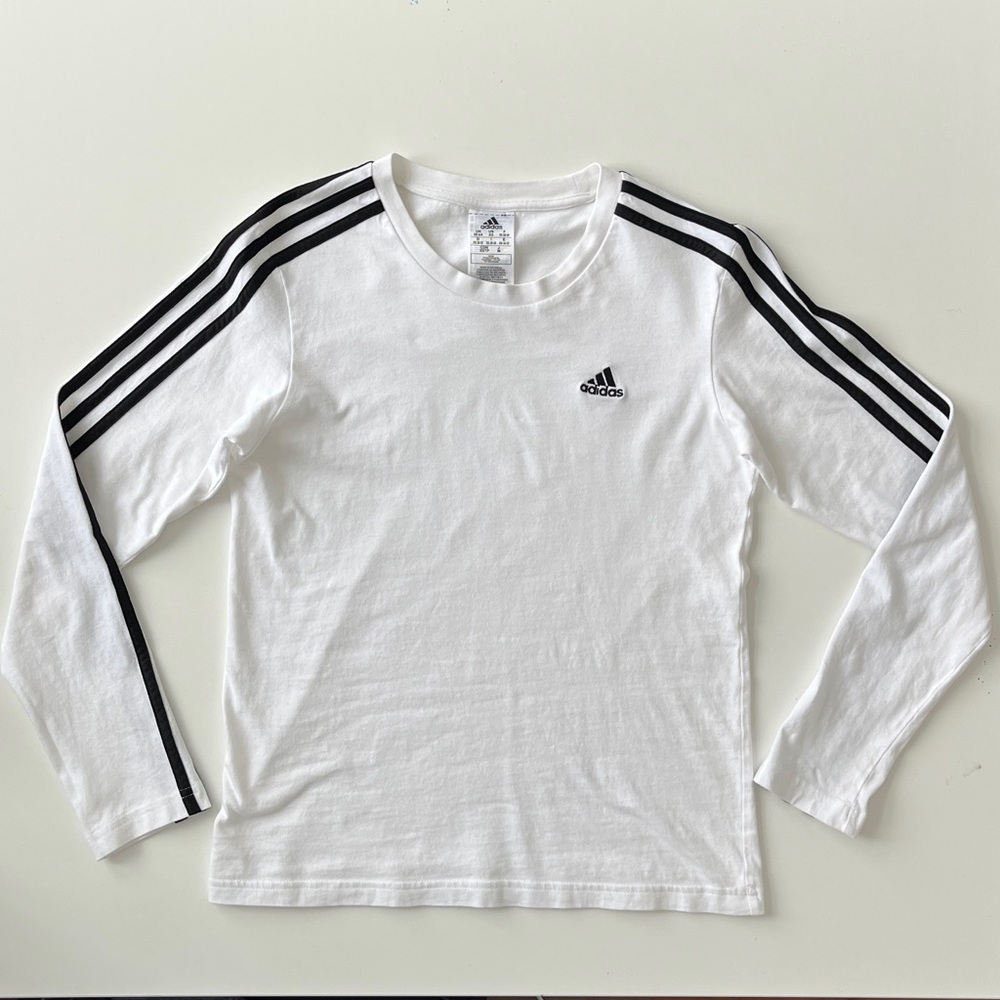 Adidas White 100% cotton Long Sleeve Tee with Black Stripes XS